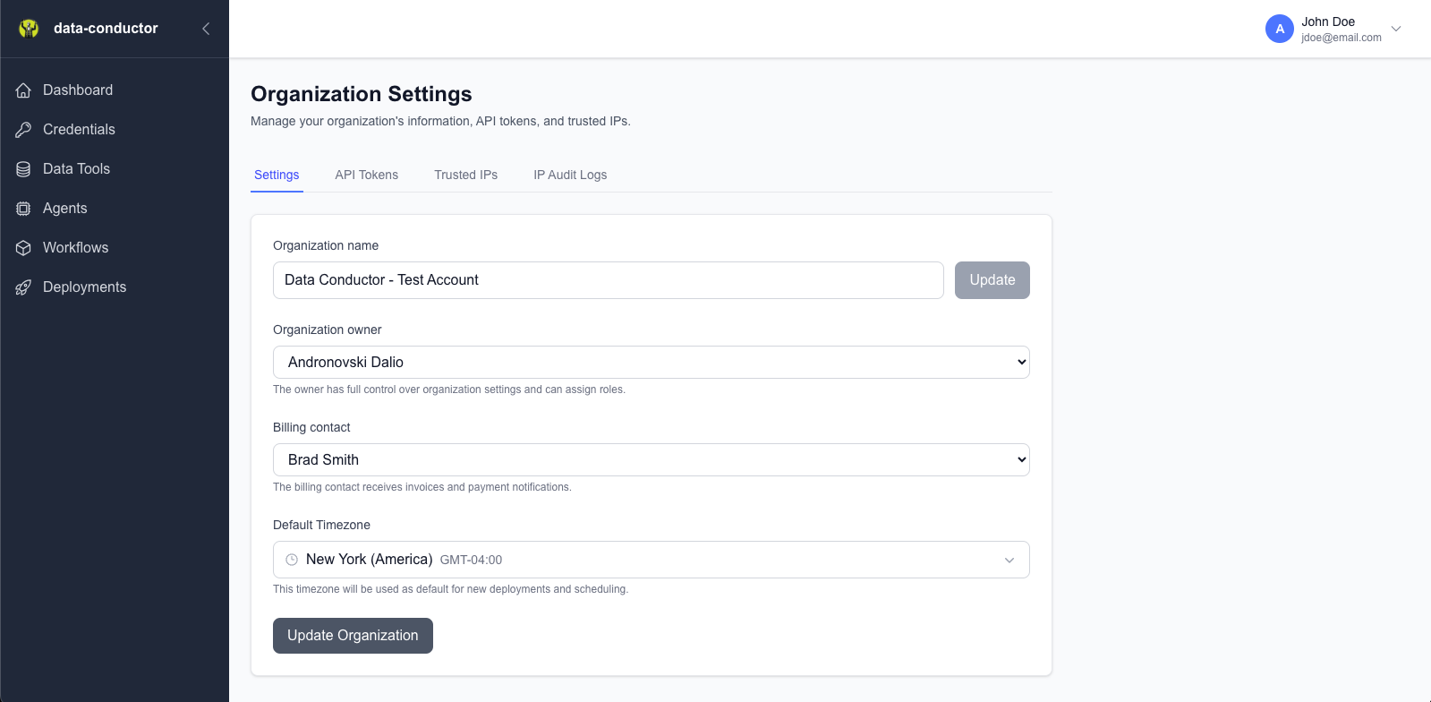 Organization Settings Interface
